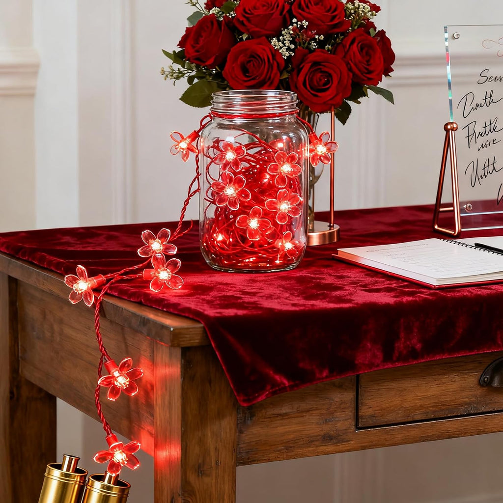 30 LED Red Flower Fairy Lights, Battery/USB Operated, Romantic Floral Decor