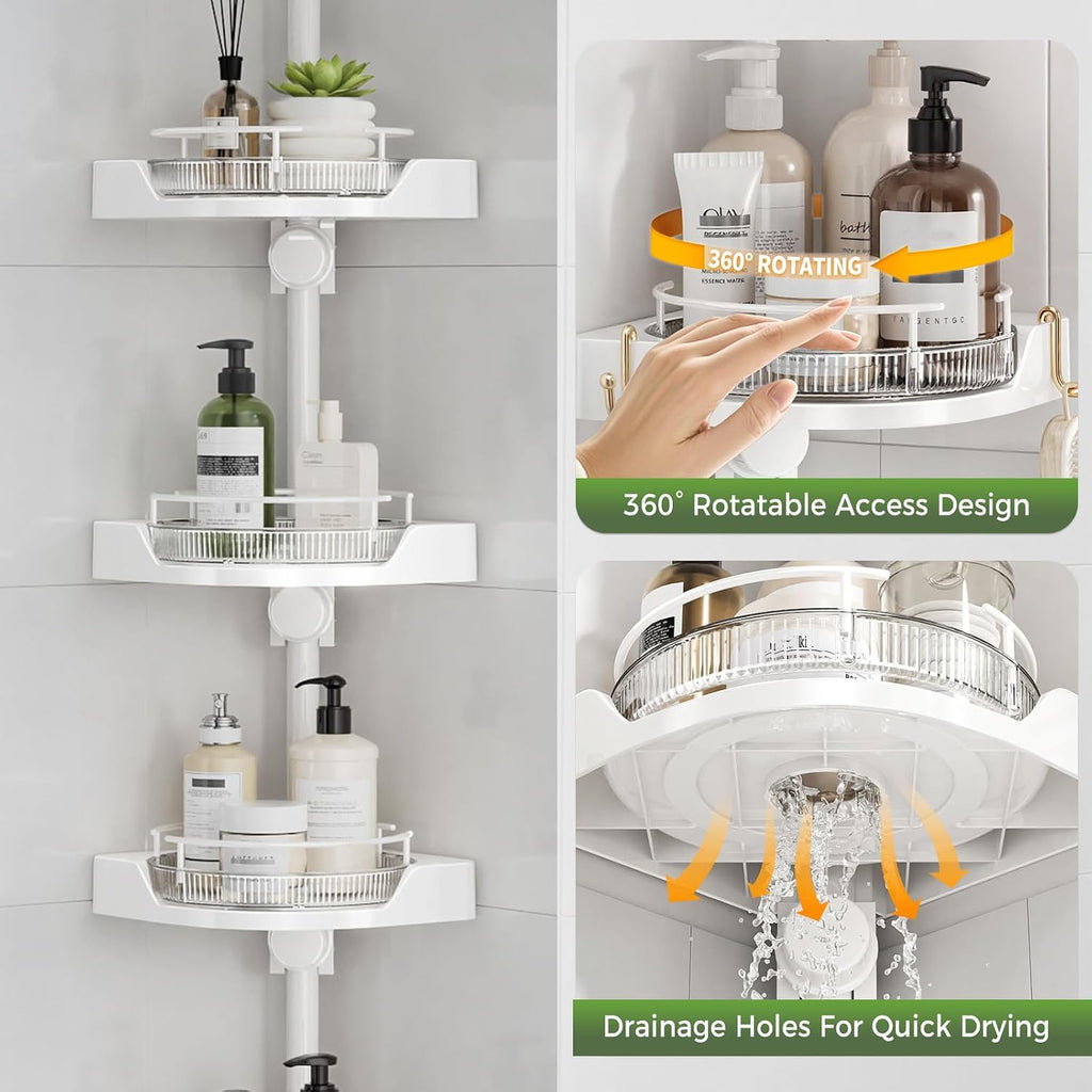 360°Rotating Corner Shower Caddy Organizer Tension Pole,White