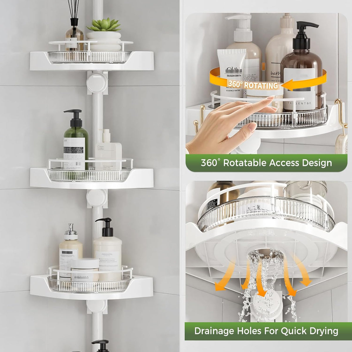 360°Rotating Corner Shower Caddy Organizer Tension Pole,White