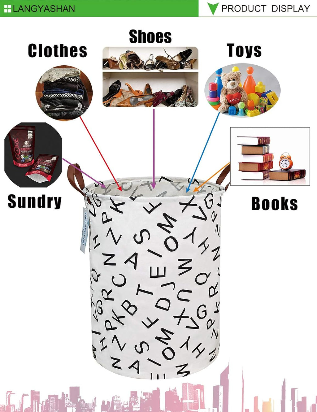 Round Laundry Basket Collapsible Storage Hamper Organizer Alphabet