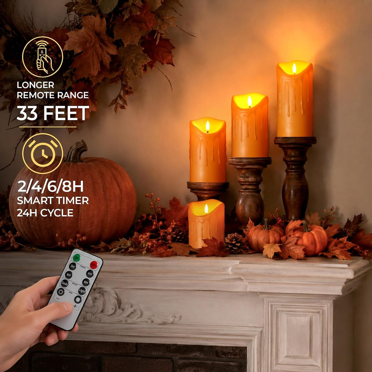 Orange Flameless Candles 5 Pack, Battery Operated Pillar Candles Fall Decor