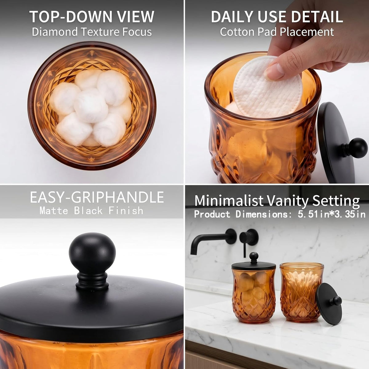 2 Pack 10Oz Amber Q-Tip Holder, Round Thick Glass