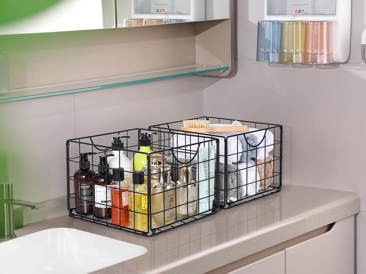 DINGTAI Metal Wire Basket Foldable Set of 4, Metal Bins for Organizing with PVC Sheet, 10.5x10.5in Wire Pantry Baskets Freezer Organizer Bins for Kitchen Closet Bathroom-Black