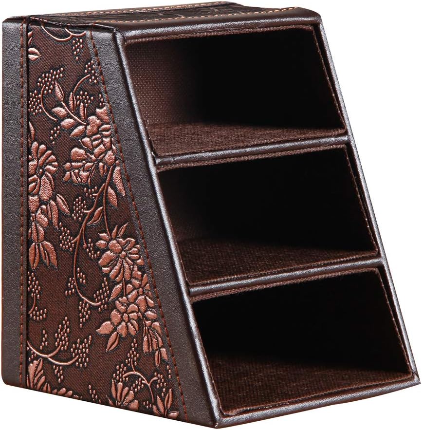 Leather Remote Control Holder with 3 ladder-shaped grids Controller,Nightstand Remote Caddy,Desk Organizers,for Storage Pen,Calculator,Media,Mail,Mobile and Phone Etc(Antique)