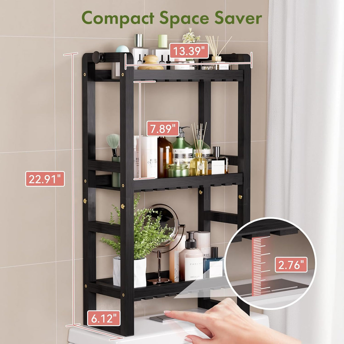 AmazerBath Bamboo Over The Toilet Storage Shelf - 3-Tier Bathroom Organizers and Storage Shelves, 2 in 1 Dual Stable Above Over Toilet Bamboo Shelf Home Storages Rack for Small Bathroom, Black