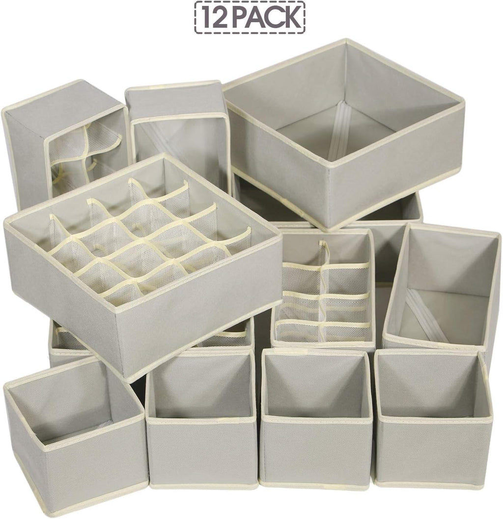 TENABORT 12 Pack Foldable Drawer Organizer Dividers Cloth Storage Box Closet Dresser Organizer Cube Fabric Containers Basket Bins for Underwear Bras Socks Panties Lingeries Nursery Baby Clothes Gray