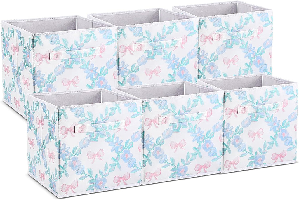 Geelin 6 Pcs Blue Floral Bow Cube Storage Bins 11 Inch Storage Basket