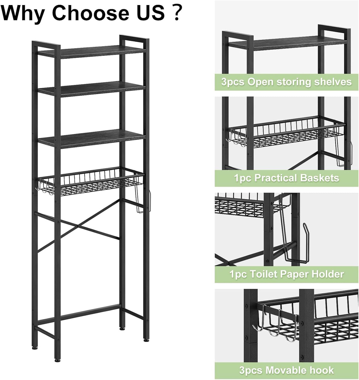 Kalrin Over-The-Toilet Storage Rack, 4-Tier Bathroom Organizer Shelf Over Toilet with Adjustable Shelf and Basket, Freestanding Space Saver Bathroom Shelves Above Toilet for Room (Pure Black)