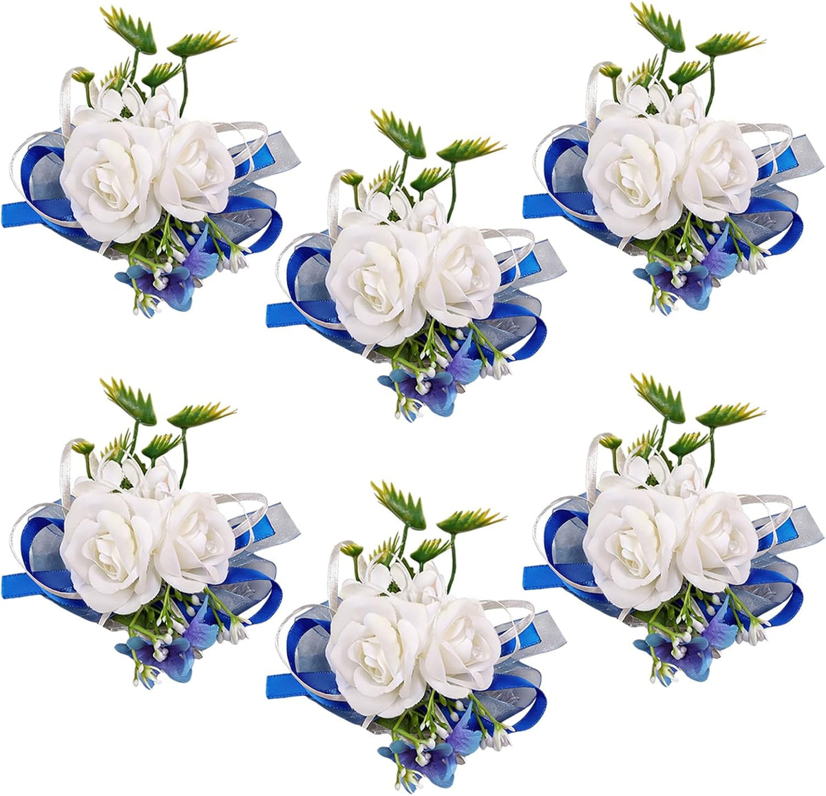 6Pcs White and Blue Artificial Rose Wrist Corsages for Wedding Prom