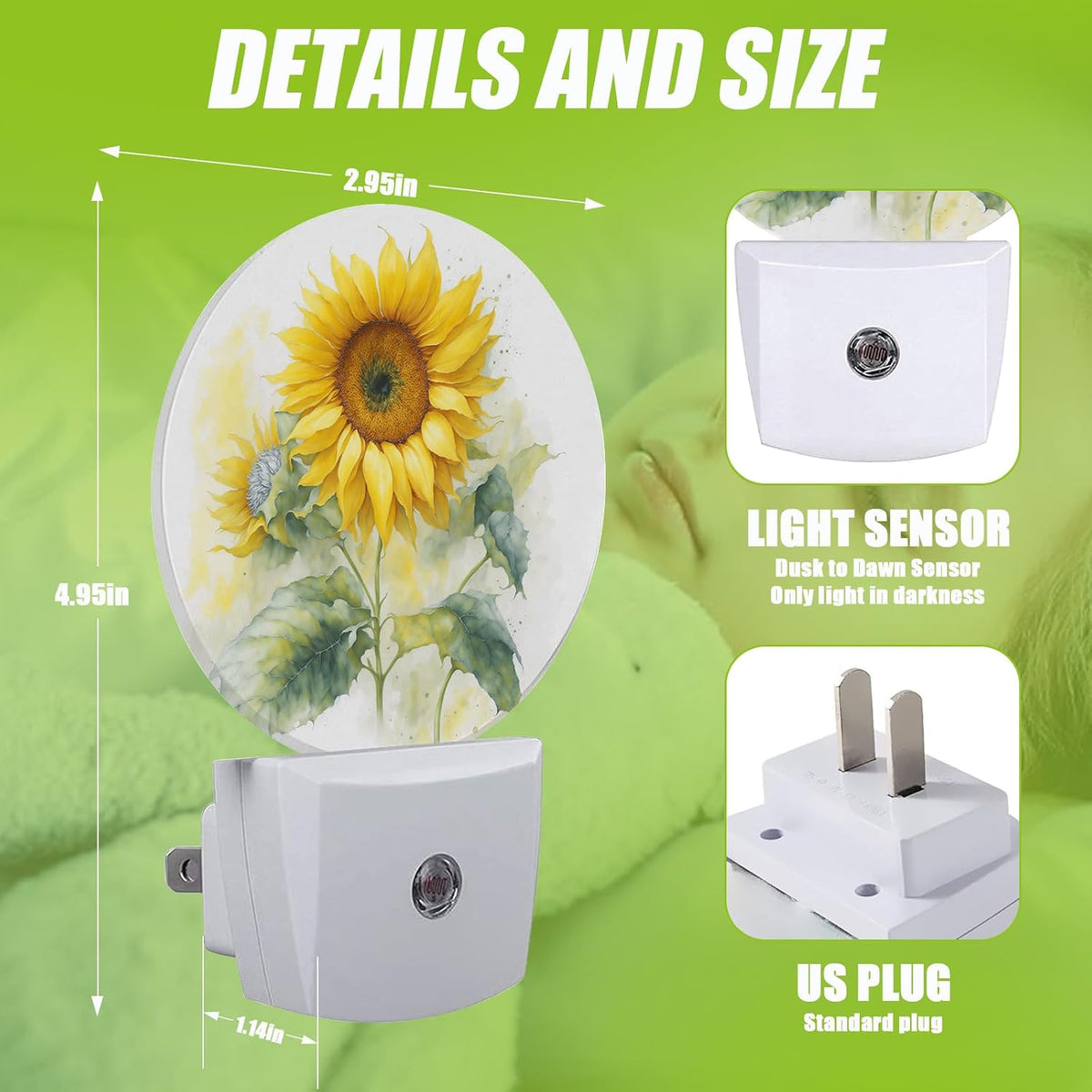 Watercolor Sunflower Night Light,Sunflower Green Leaf Plug-in Night Lights with Dusk-to-Dawn Sensor for Bedroom Bathroom and Living Room Sleep Friendly lamp
