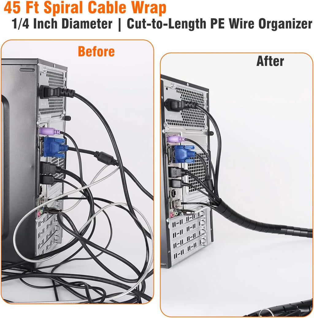 45 Ft Spiral Cable Wrap – 1/4 inch Diameter, PE Wire Organizer for Computer, TV, Office & Automotive Cords – Cut-to-Length, Reusable Bundle Sleeve for Home Electronics & Workshop (1/4Inch)