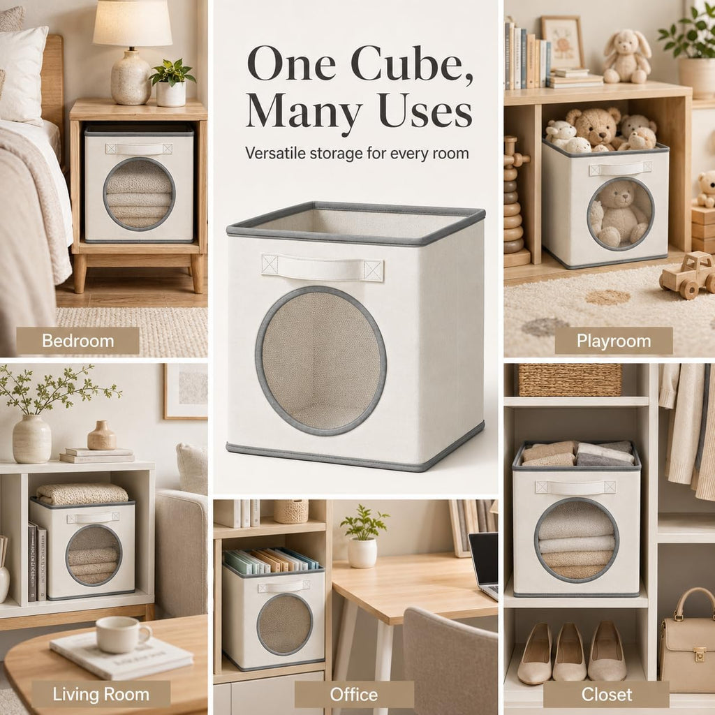 Fabric Storage Cubes with Mesh Window, 11'' Cube Storage Bin, Ivory, 4 Pack