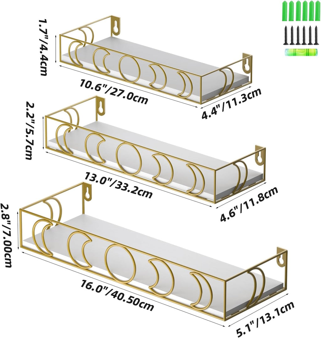 Moon Phase Wall Shelf, 3 Gold Side White Base Floating Shelves
