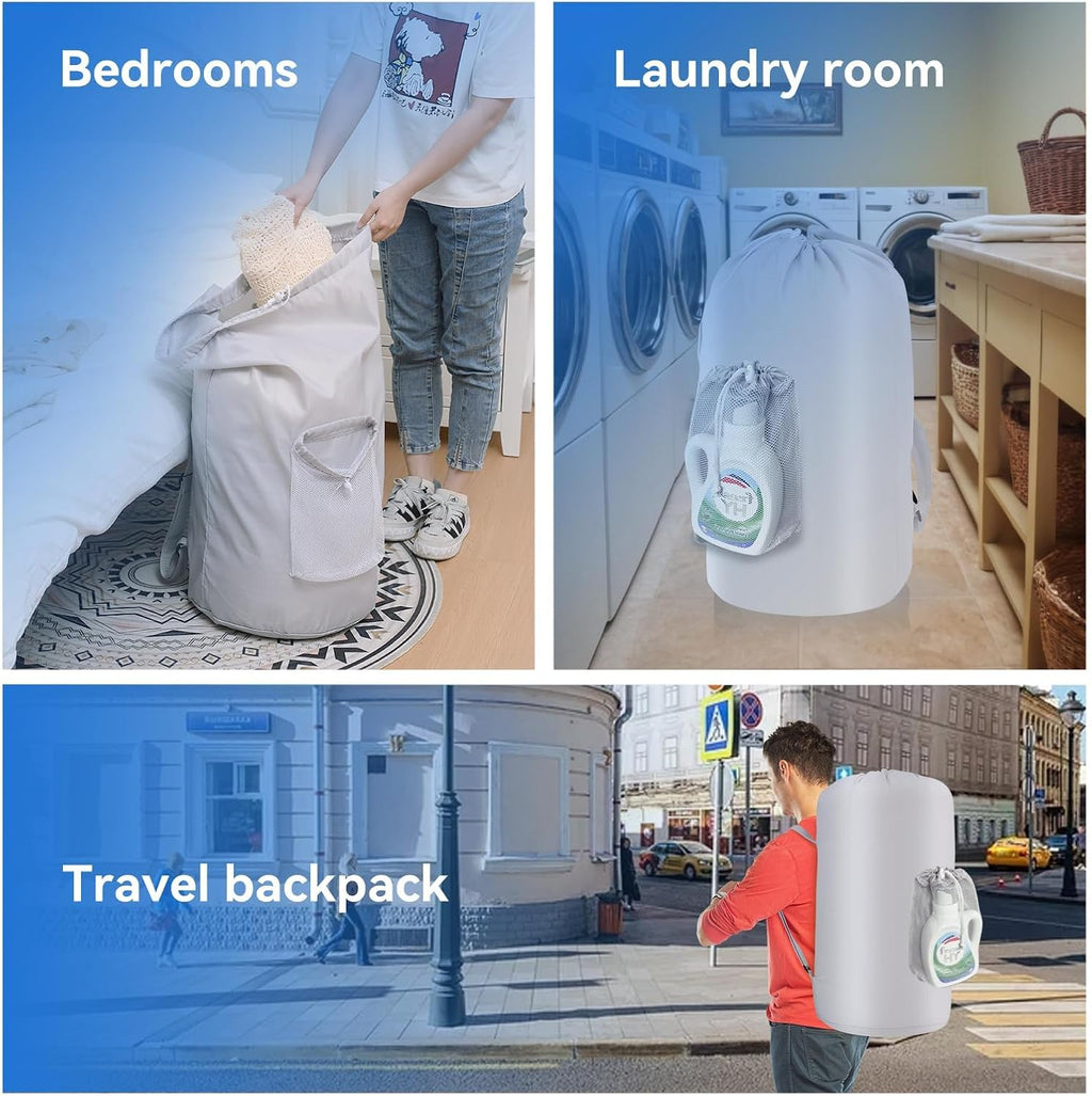 WOOHA 95L Backpack Travel Laundry Bag with Shoulder Straps and Mesh - Durable Polyester Laundry Hampers for Travel, Apartments, Laundromats and Universities (Grey)