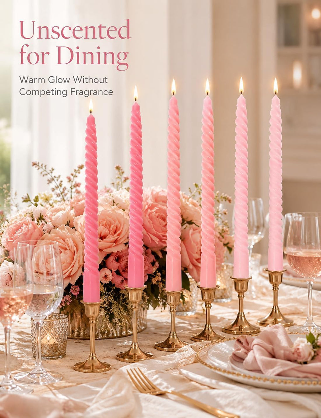 10 Inch Gradient-Pink Spiral Taper Candle Set, 6 Pack Unscented Dripless Candlesticks for Wedding, Holiday Décor, and Festive Dinners