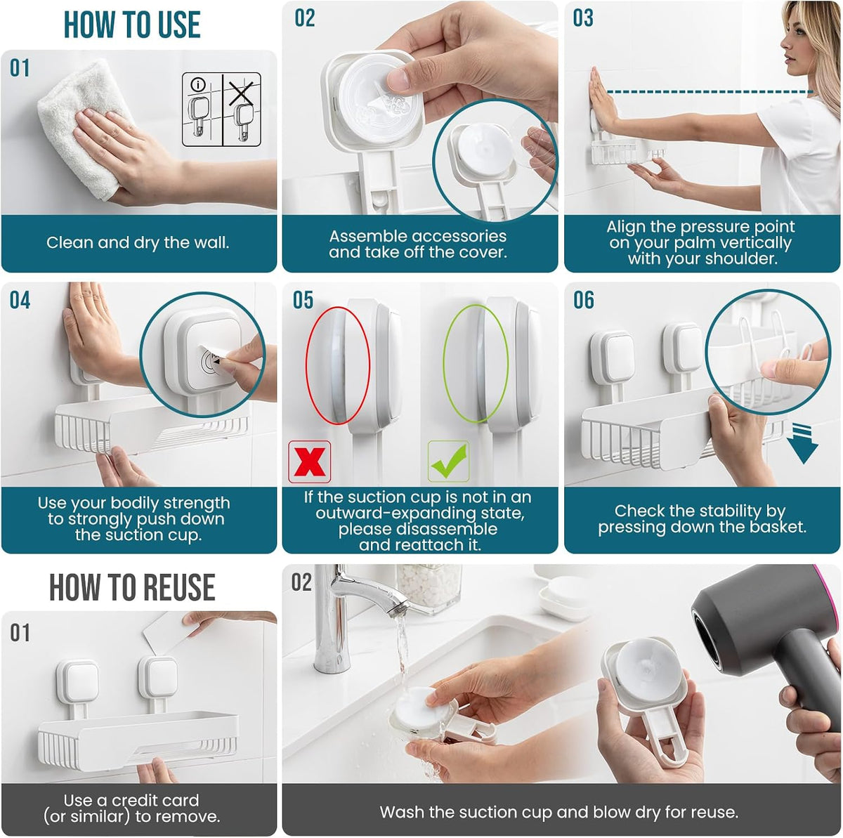 TAILI Shower Caddy Suction Cup Rustproof Metal Shower Shelves White 2pack