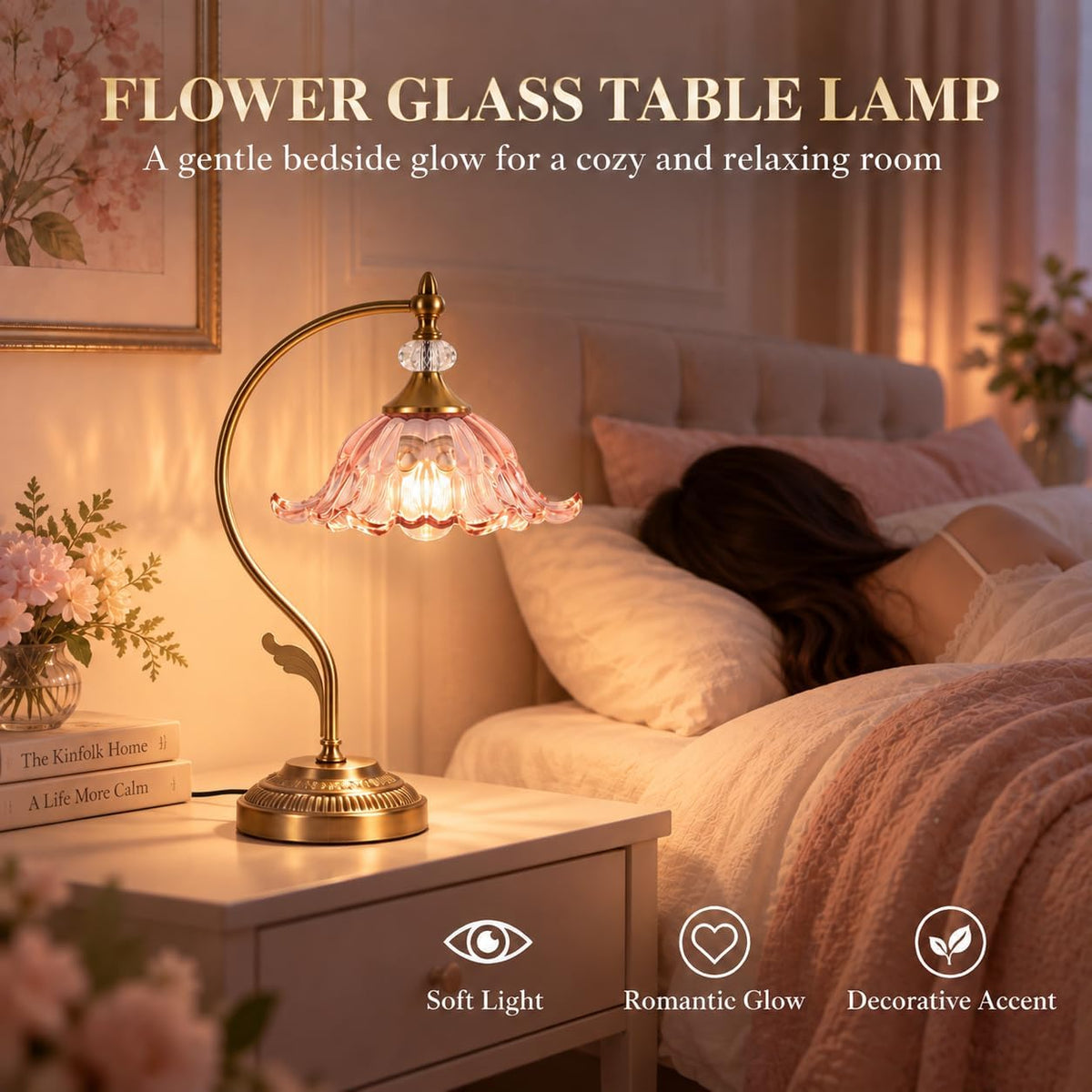 Vintage Floral Table Lamp, Plug in Mid-Century Modern Desk Lamp with Pink Glass Shade, Gold Bedside Table Lamp Dimmable for Bedroom Living Room Home Office