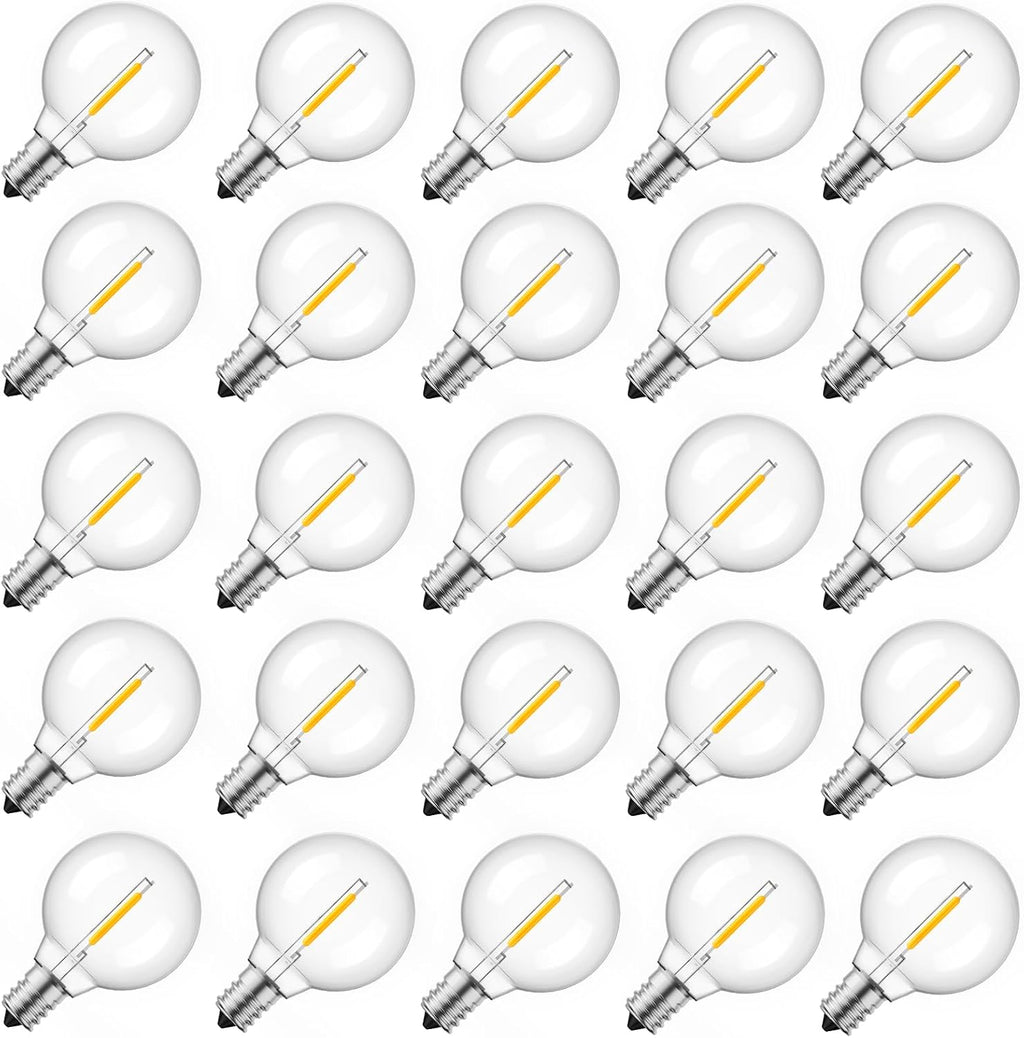 G40 Led Replacement Light Bulbs 1W Shatterproof Globe Bulb fits E12 Candelabra Screw Base, 1.5 Inch Dimmable Light Bulbs for Indoor Outdoor String Lights, Patio Cafe Decor, Warm White, 25 Pack