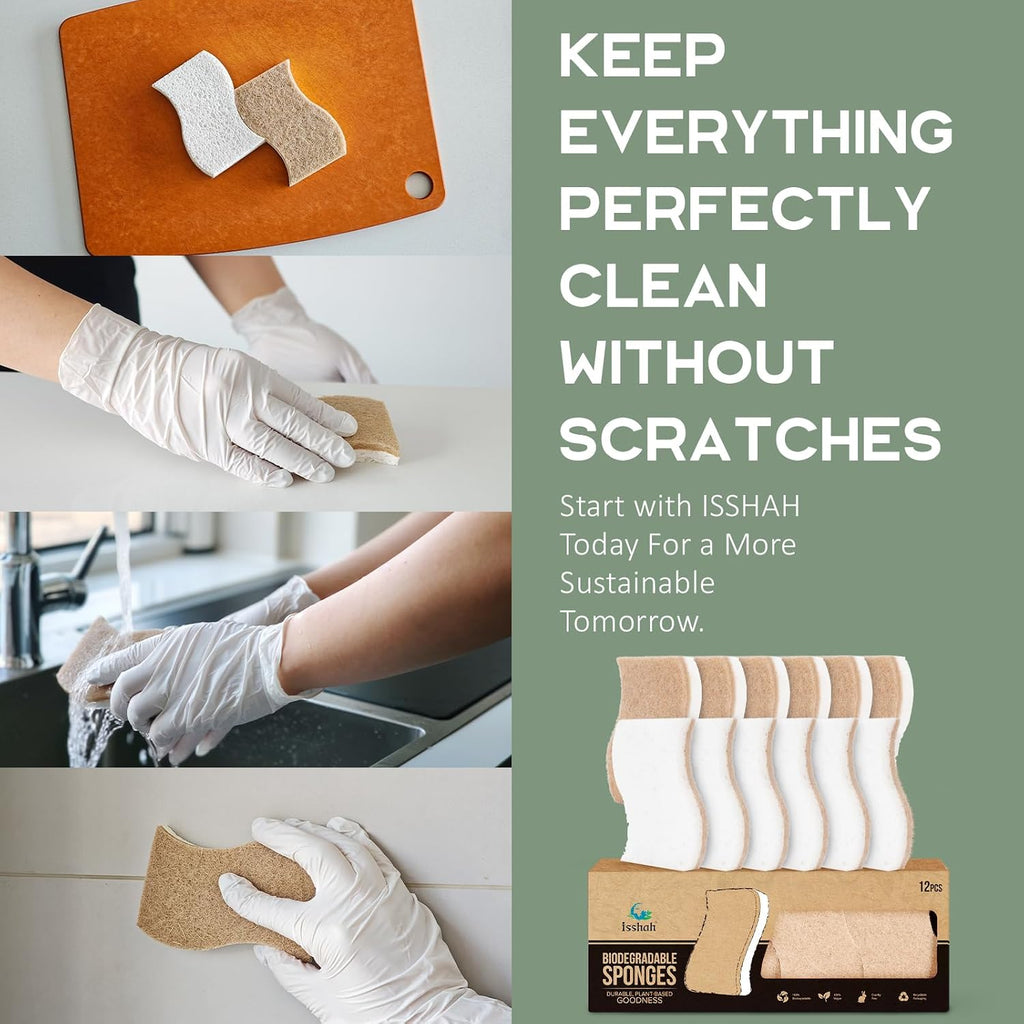 Isshah Natural Kitchen Scrub Sponges for Dishes - S-Shaped - 12 Count