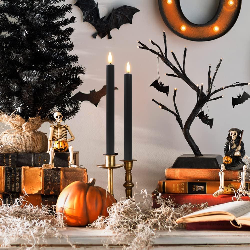 Halloween Decorations, Black Flameless Taper Candles with Remote, Set of 6