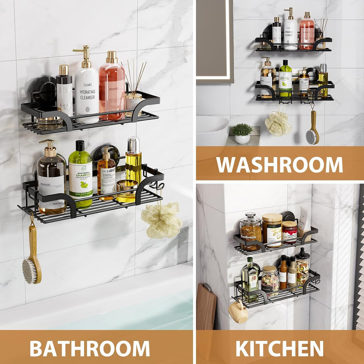 LEVERLOC Shower Caddy Suction Cup, 2 Pack Shower Shelves for Inside, Black