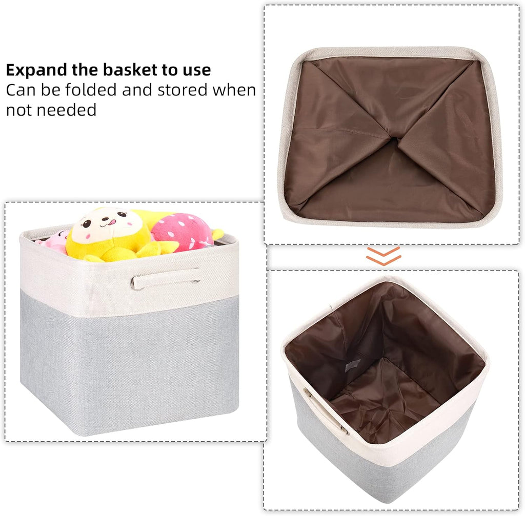 13x13x13 Storage Cube Bins 3 Pack -Linen-Feel Fabric Storage Boxes with Metal Frame & Foam Lining, Foldable Cube Organizer with Rope Handles for Shelf, Closet, Bedroom, Living Room
