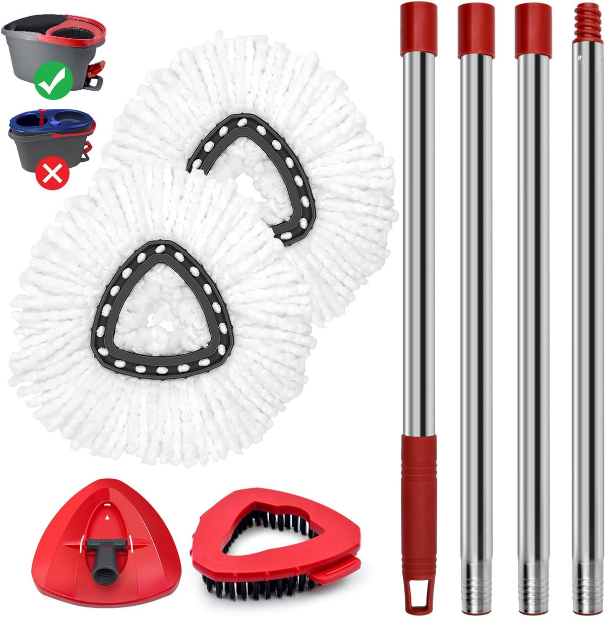 Spin Mop Handle Mop Heads Mop Base Mop Scruby Brush Replacement Sets Combo Compatible with Ocedar EasyWring 1 Tank Spin Mop System (1 Sets Stainless Steel Mop Handle +2 White Heads +1 Base +1 Brush)