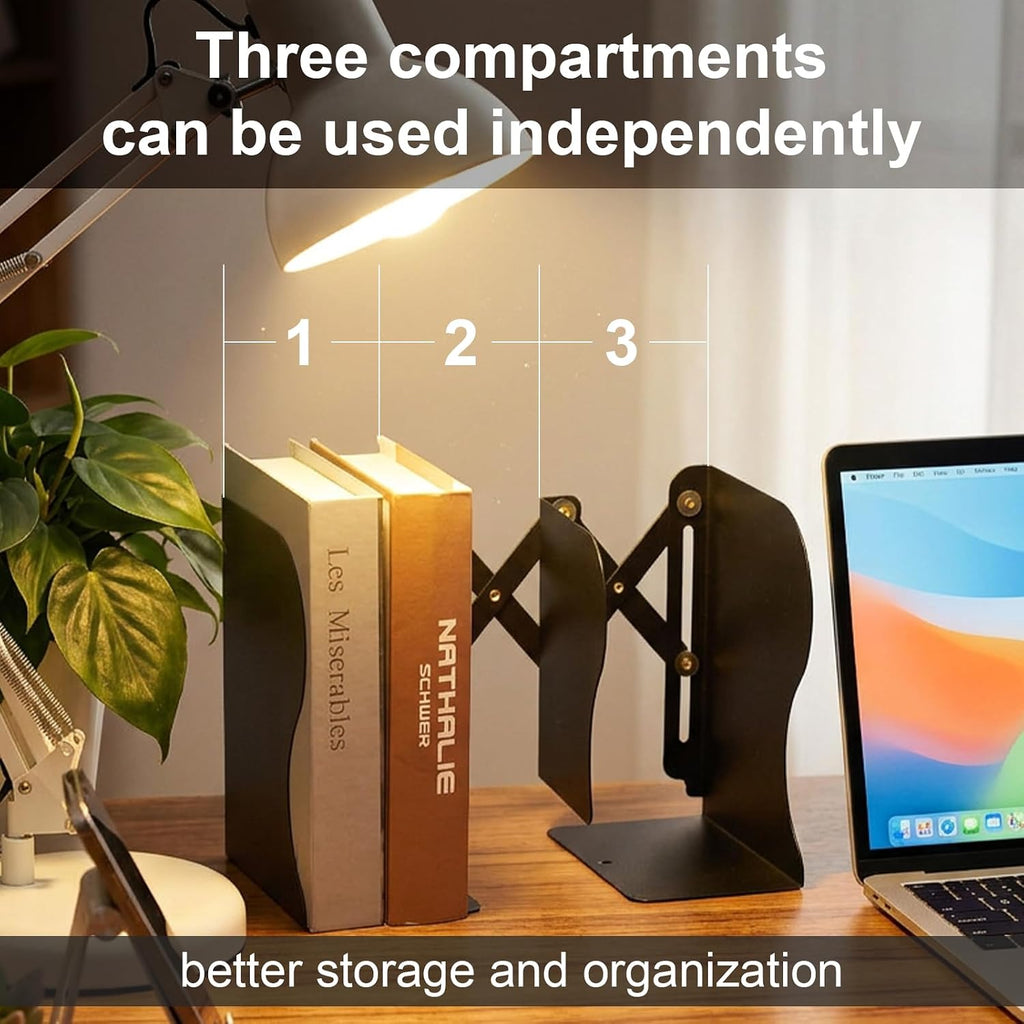 2 PCS Adjustable Book Ends for Shelves, Heavy Duty Metal Book Holder Organizer, Expandable Desk Book Stopper for Office Home, Black