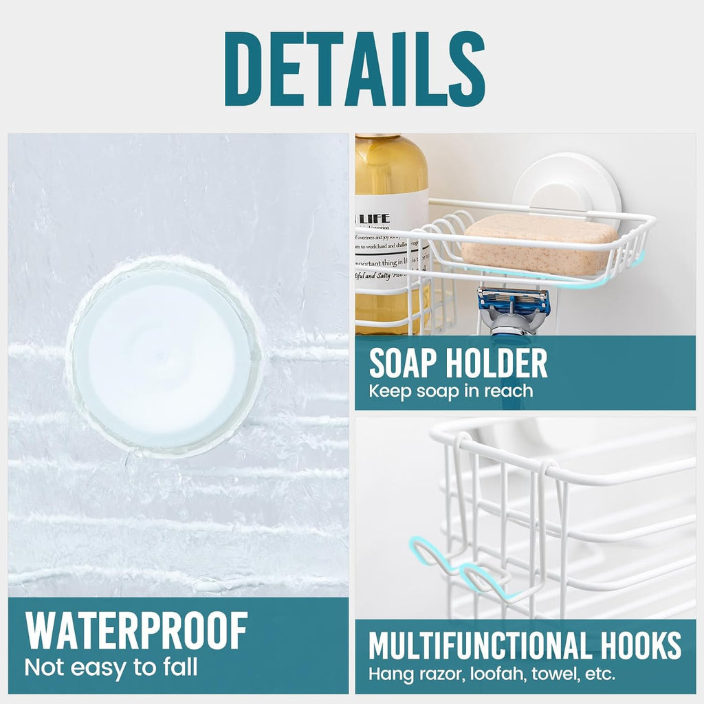 TAILI White Shower Caddy Suction Cup with Hooks, Heavy Duty Shower Shelves