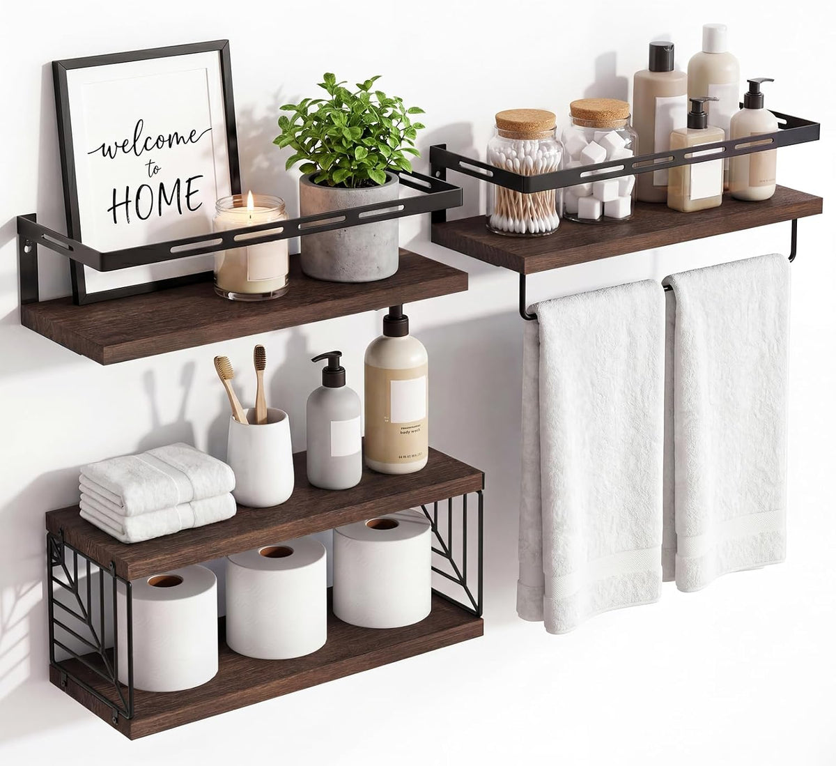 Fixwal Wall Mounted Bathroom Shelves Over Toilet (3+1 Dark Brown)