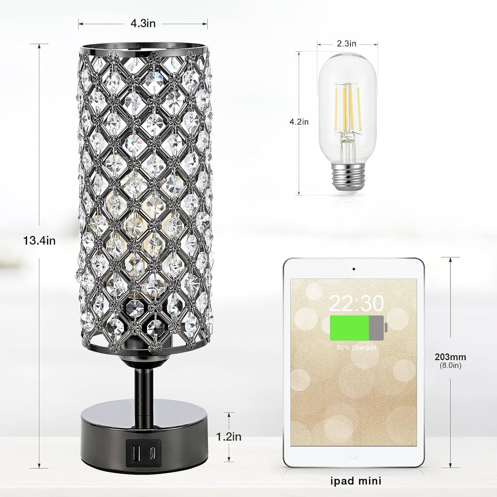 Black Crystal Touch Lamp with USB-C/A, 3-Dim Dimmable for Bedroom, Modern