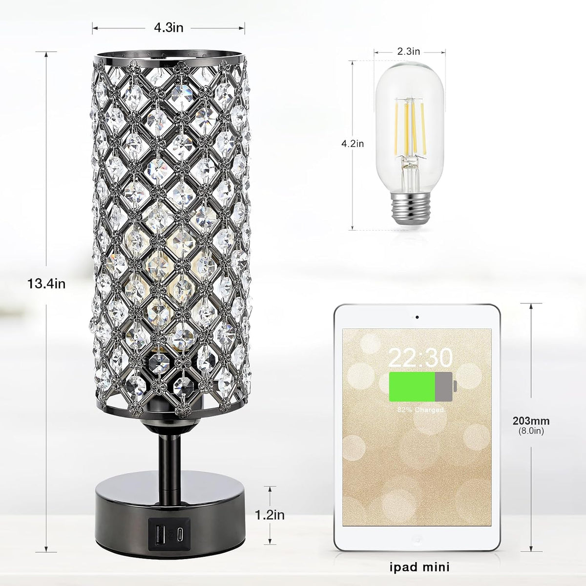 Black Crystal Touch Lamp with USB-C/A, 3-Dim Dimmable for Bedroom, Modern