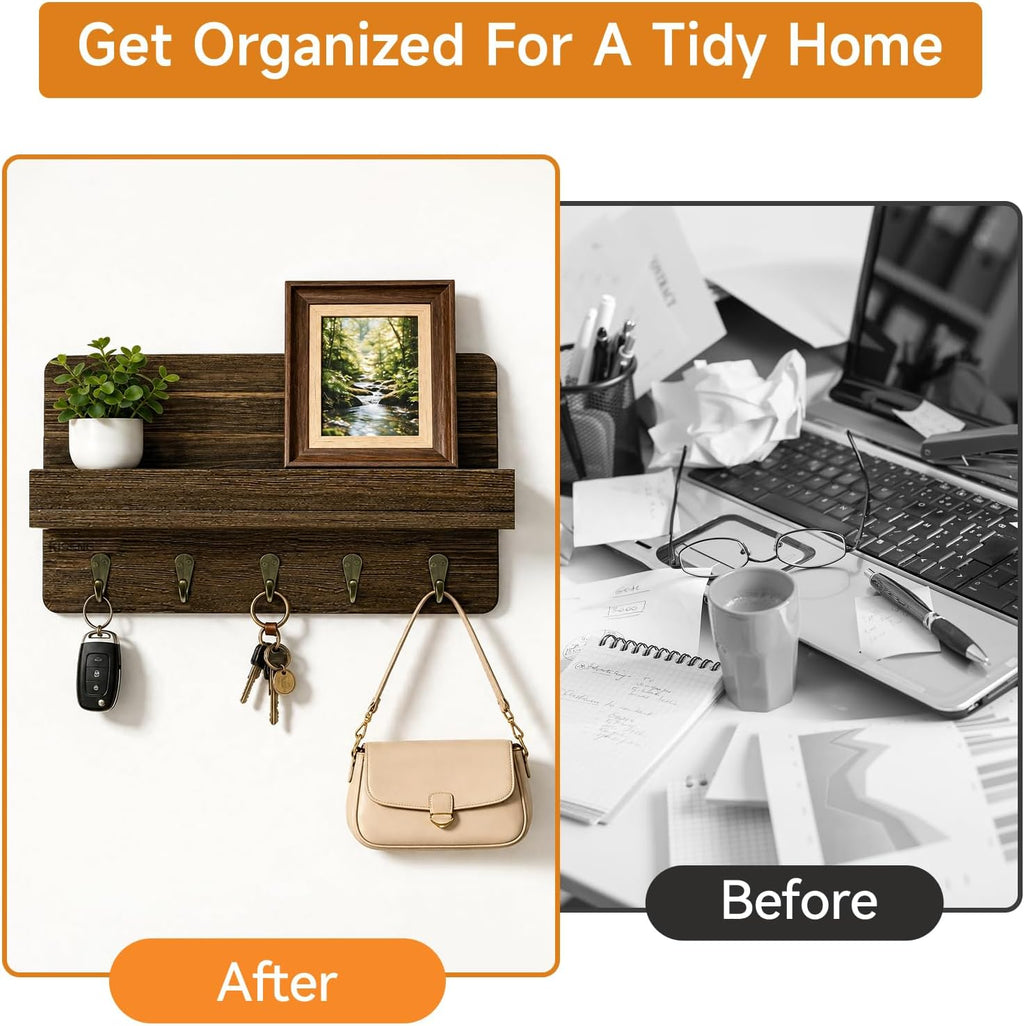 Key Holder Wall Mount,Key and Mail Organizer with Wooden Shelf,Charcoal