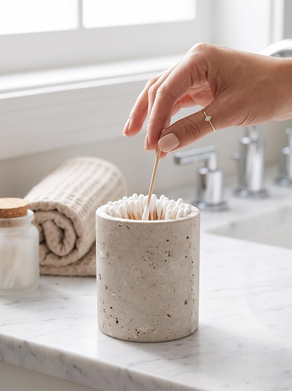 Travertine Q-Tip Holder for Bathroom, 4" Cotton Swab Canister
