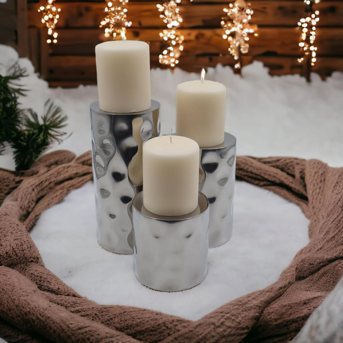 Hosley Silver Color Pillar LED Candle Holders/Vases Set of 3. Also usable as Vase. Ideal Gift for Wedding Party Home SPA Aromatherapy Reiki Candle Garden O3