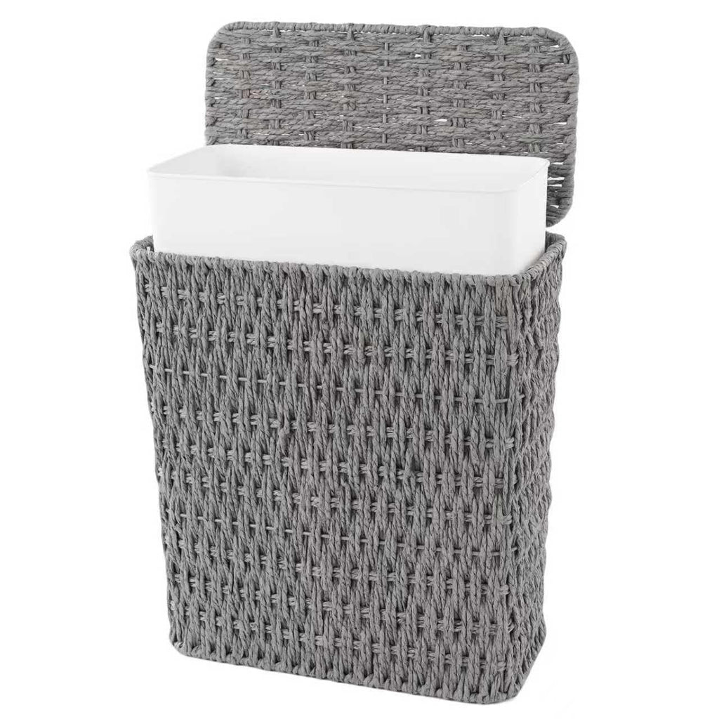 Coeusy 3 Gallon Paper Rope Bathroom Trash Can,Small Wicker Trash Cans with Lid and Liner,Woven Rattan Narrow Waste Basket for Bedroom,Office,Grey
