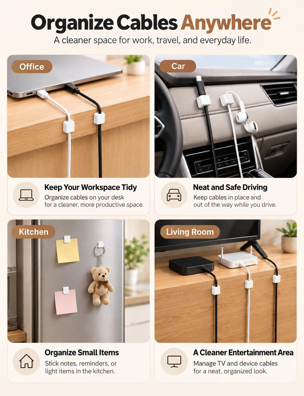 Viaky 8 Pack Magnetic Cord Holder,White Cable Clip for Desk Car Home Office