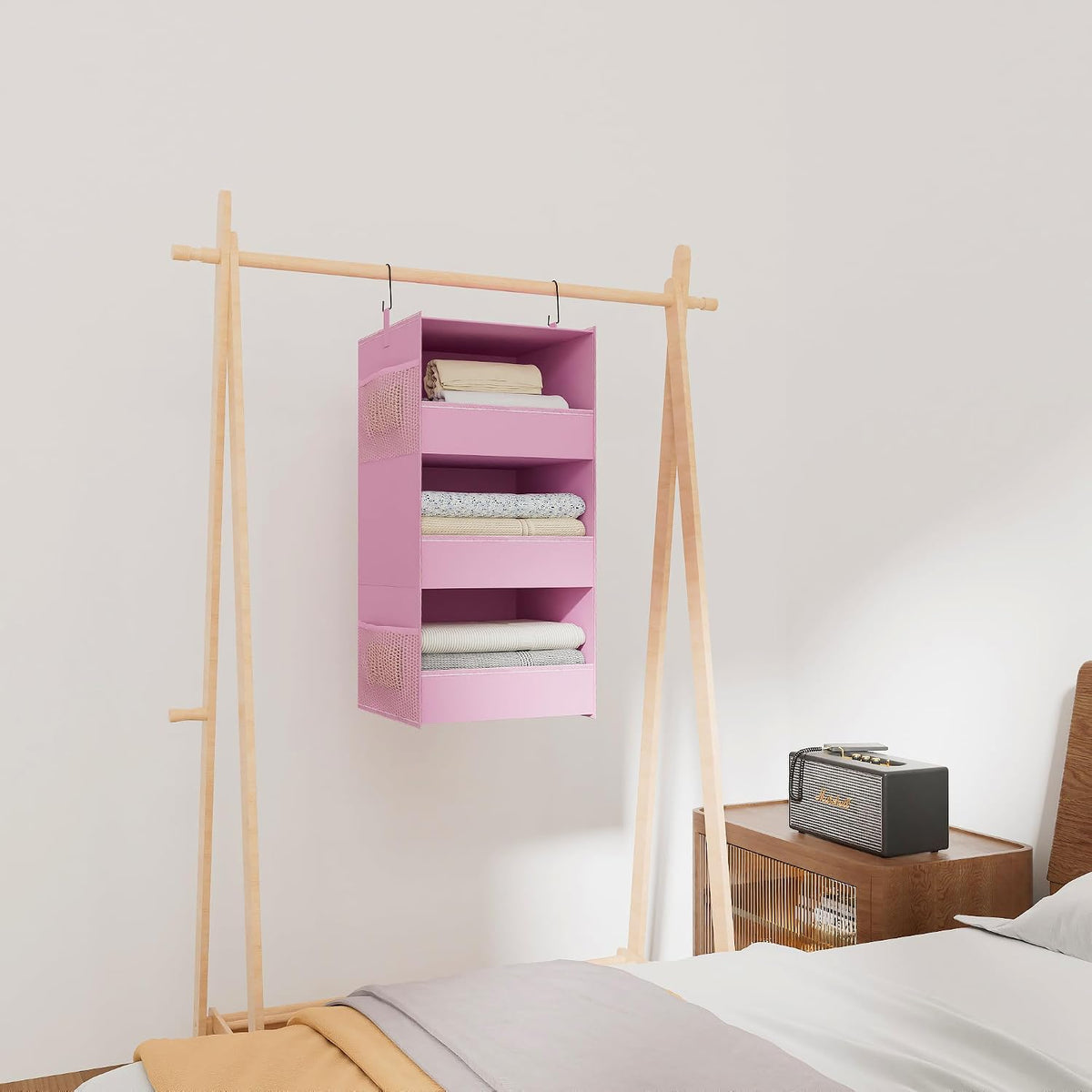 3-Shelf Hanging Closet Organizer, Washable Foldable Storage Shelves, Pink
