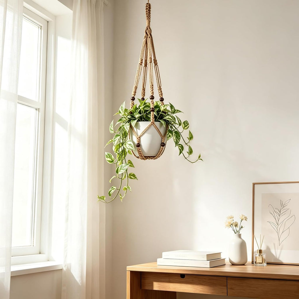 Mkono Macrame Plant Hanger Indoor, 29 Inch Hanging Planter Holder Brown