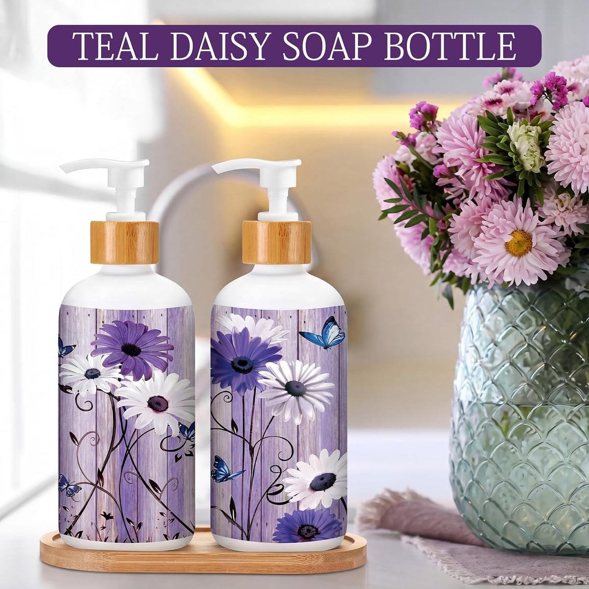 Potchen 2 Pack Glass Soap Dispenser Set Bathroom Decor Housewarming Gift Glass Soap Dispenser with Pump Wood Tray Home Decoration for Kitchen Bathroom (Purple Daisy)