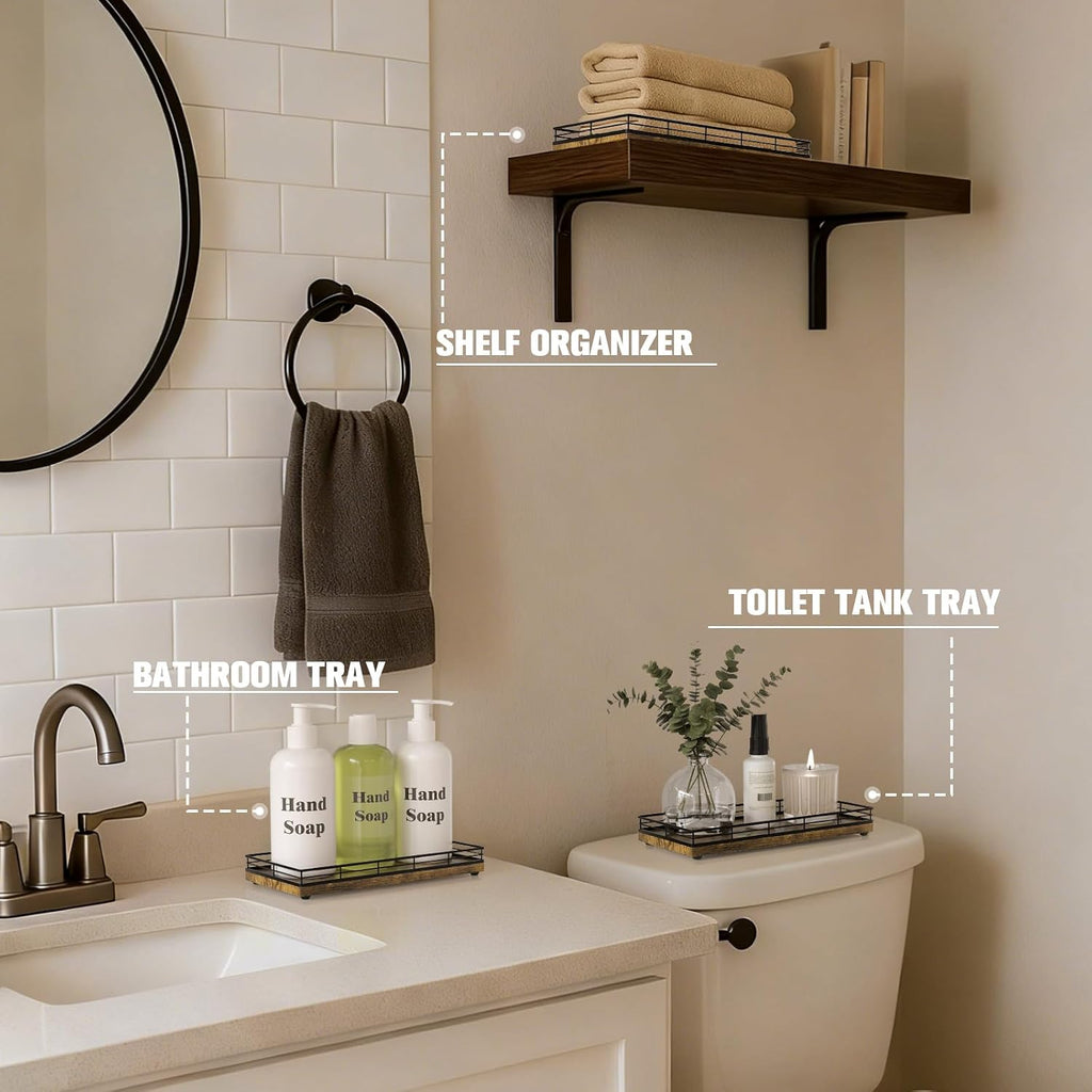 Bathroom Vanity Tray for Countertop, 12" x 6" Wood Toilet Tank Tray