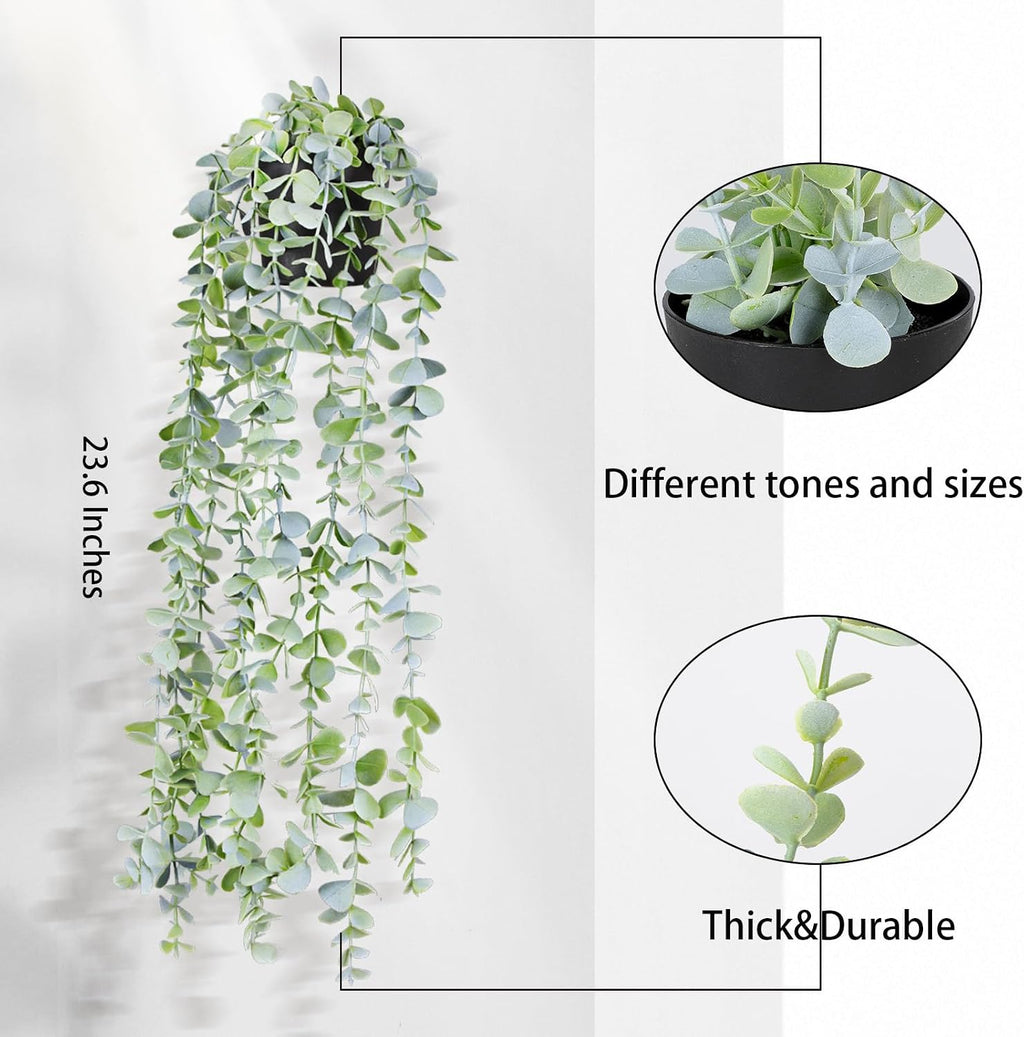 Fake Hanging Plants Eucalyptus Potted Artificial Plant Small Faux Ivy Vines Decor for Floating Shelf Kitchen Bathroom Cabinets Indoor Outdoor Pack of 2 23.6 Inches Long