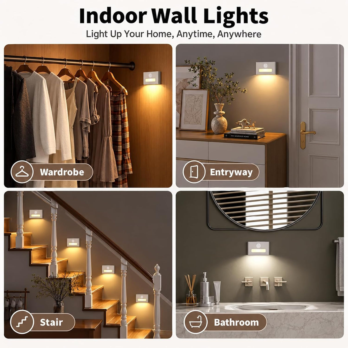WOBSION Rechargeable Motion Sensor Stair Lights, Stick-On Wall Light