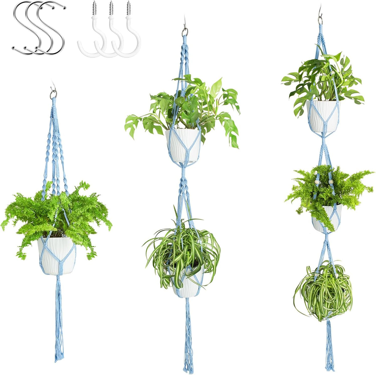 XXXFLOWER 3 Packs Blue Macrame Plant Hanger Bathroom Wall Decor Indoor Set