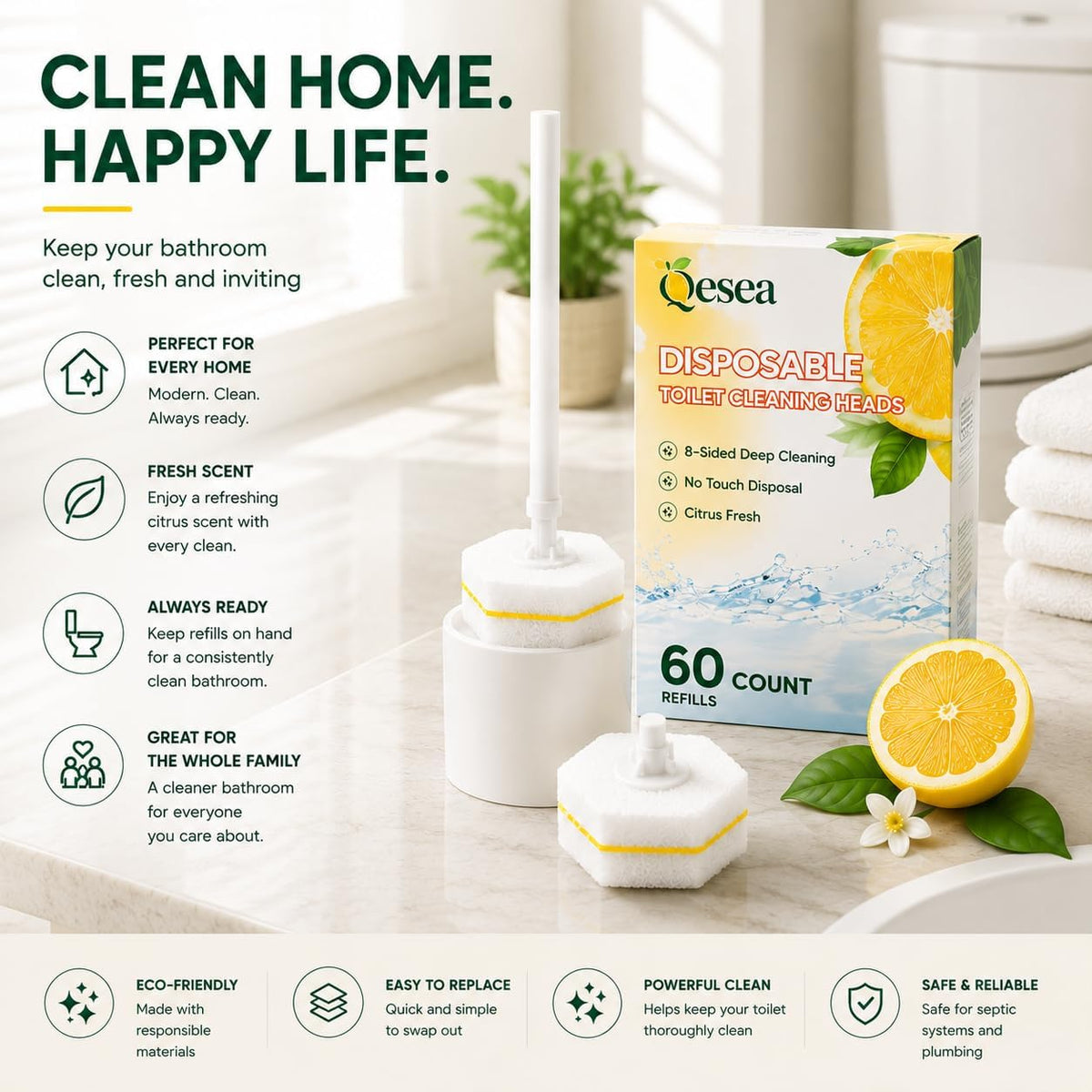 Clean Brush Head 60 Count Disposable Toilet Bowl Cleaner Brush Heads