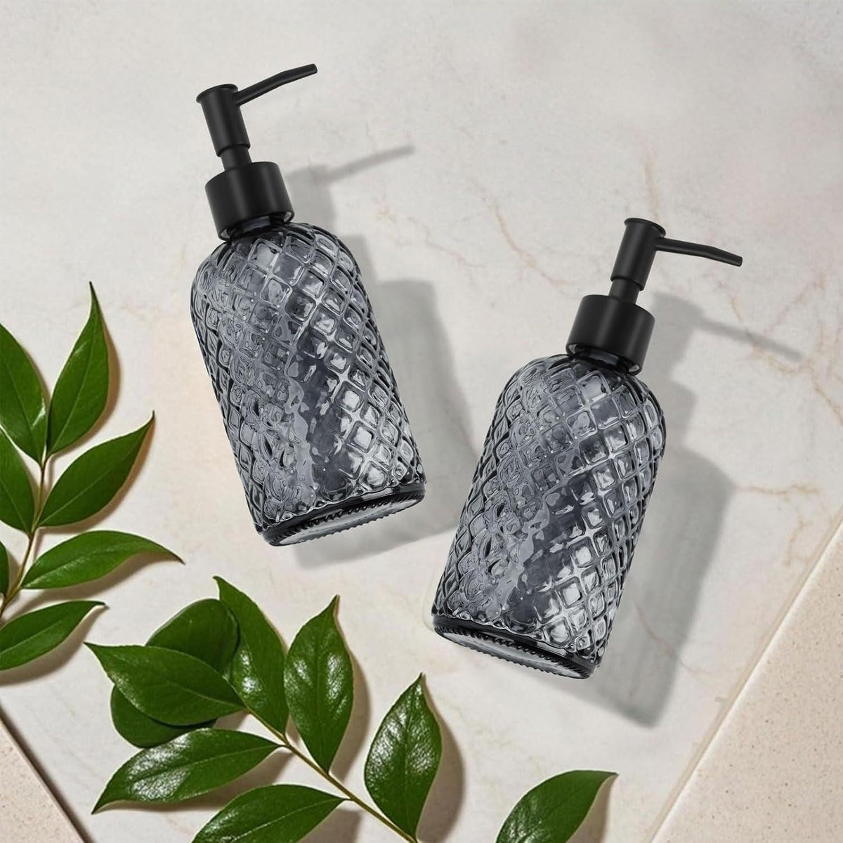 2 Pack Gem Glass Soap Dispenser with Black Plastic Pump, 13oz Liquid Hand Soap Dispenser, Rustproof Pump for Kitchen & Bathroom, Great for Lotions, Essential Oil, Liquid Soaps-Gray