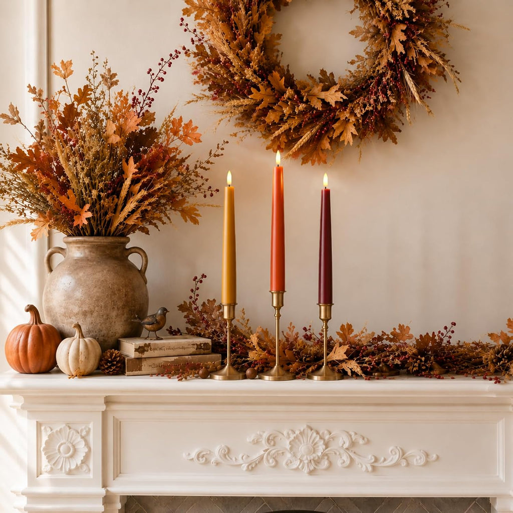 Fall Decor, Fall Decorations for Home, Flameless Taper Candles, Set of 3