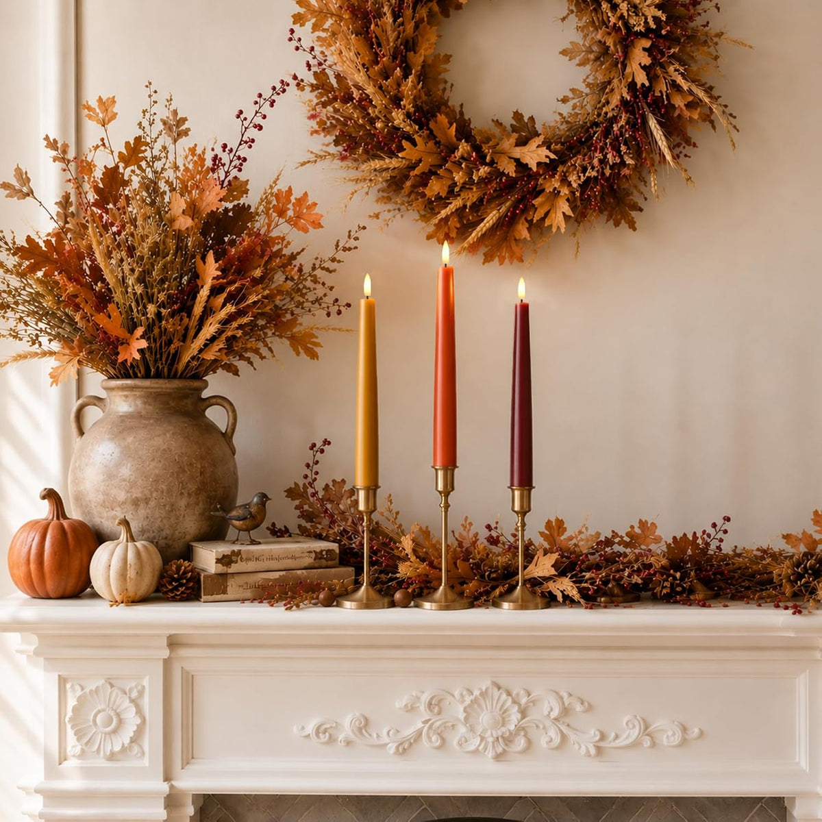 Fall Decor, Fall Decorations for Home, Flameless Taper Candles, Set of 3