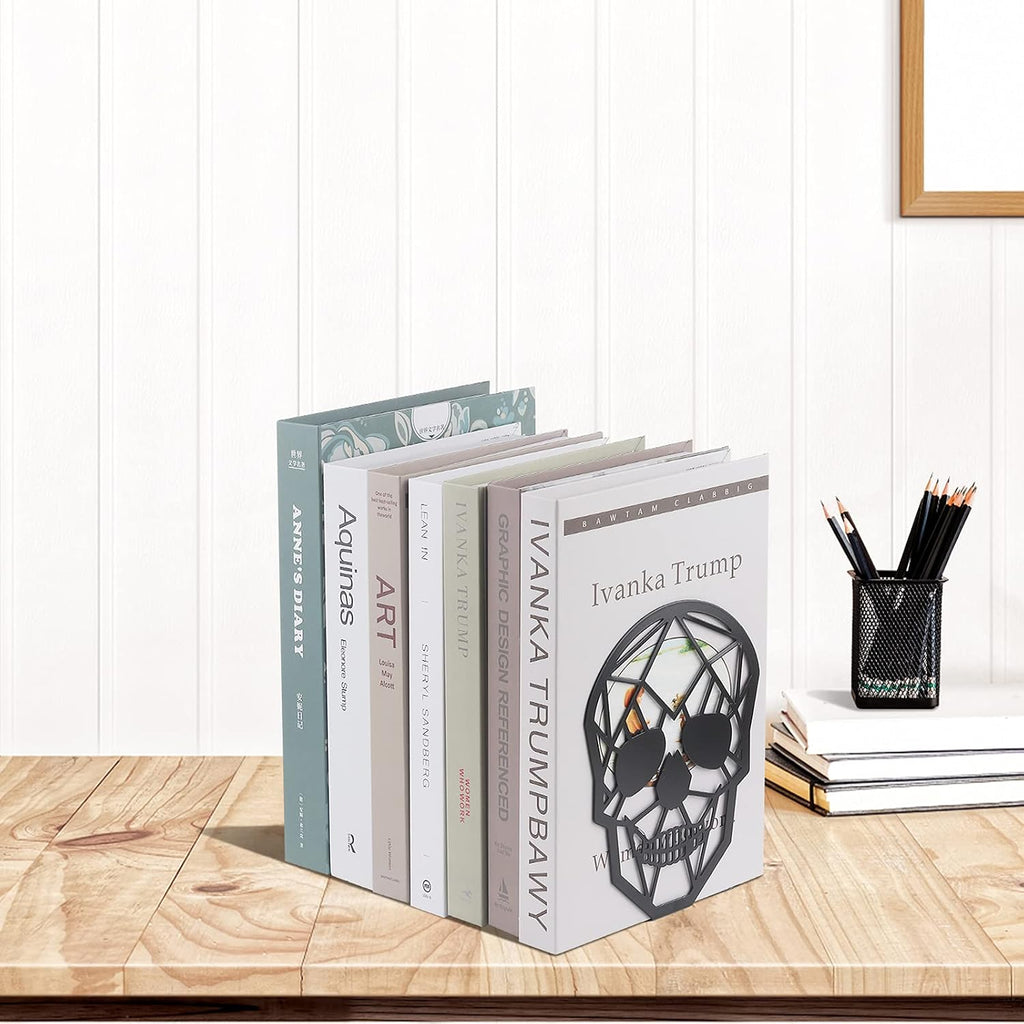 3 Pairs Metal Skull Design Bookend Black Book Ends, Heavy-Duty Bookends for Shelves, Black Skull Book Ends for Heavy Books, Book Shelf Holder Home Office Decorative Desktop Organizer