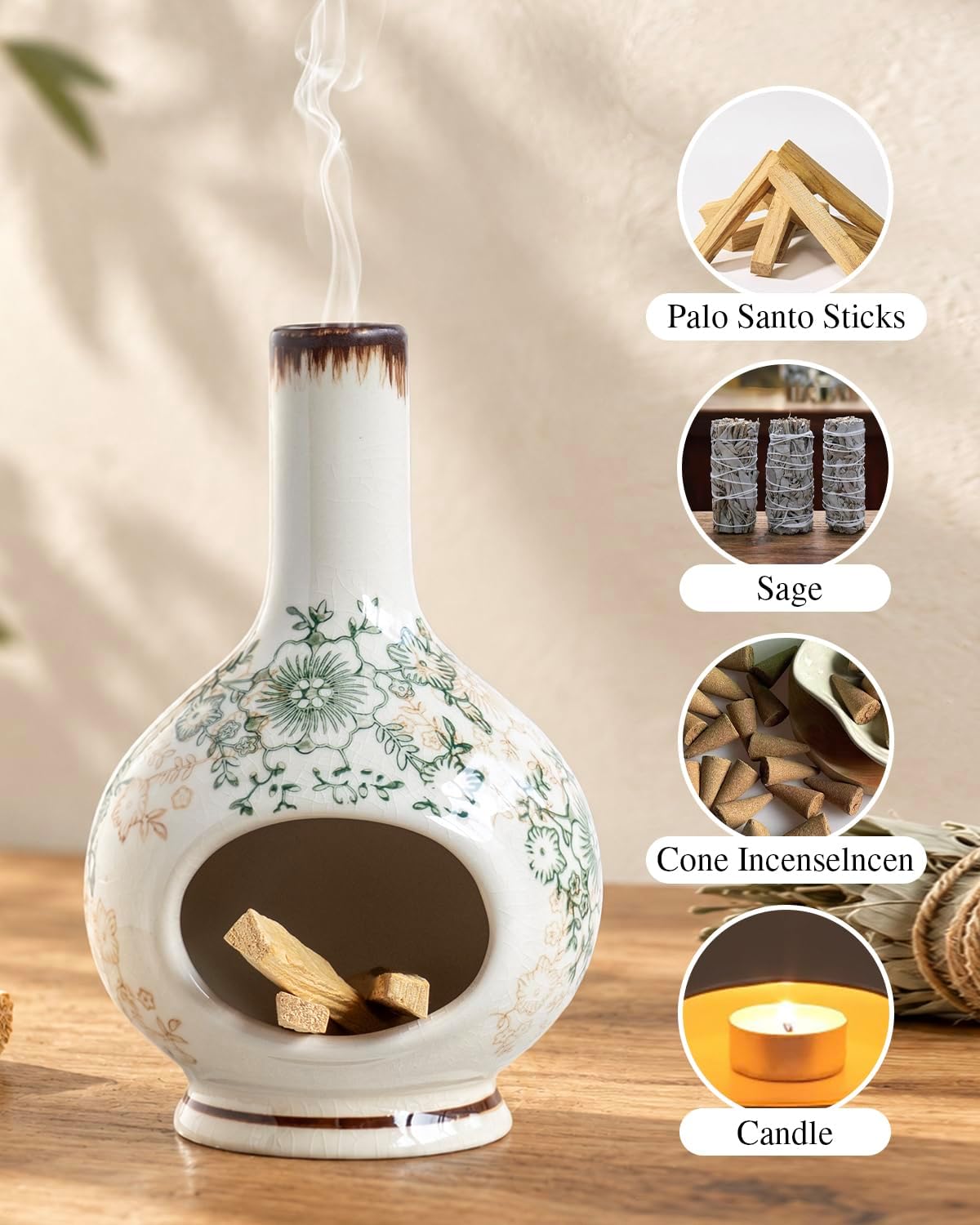 Handmade Ceramic Incense Burner - Palo Santo & Sage Holder, Floral Decor